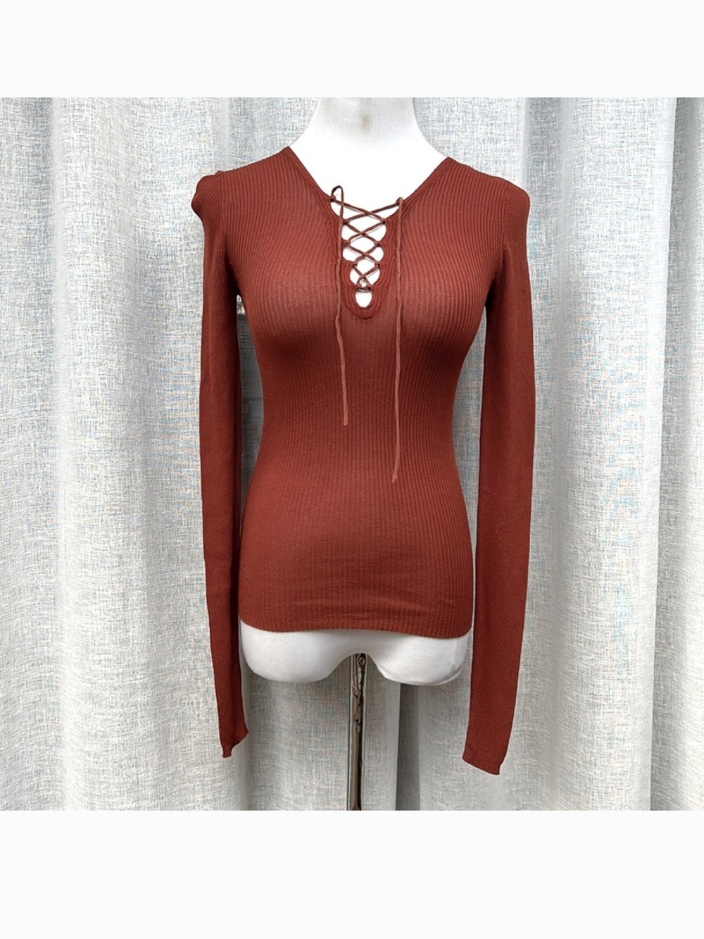 Sandro Paris Terra Cotta Rust Lace-Up Ribbed Long Sleeve Stretch Top XS S
